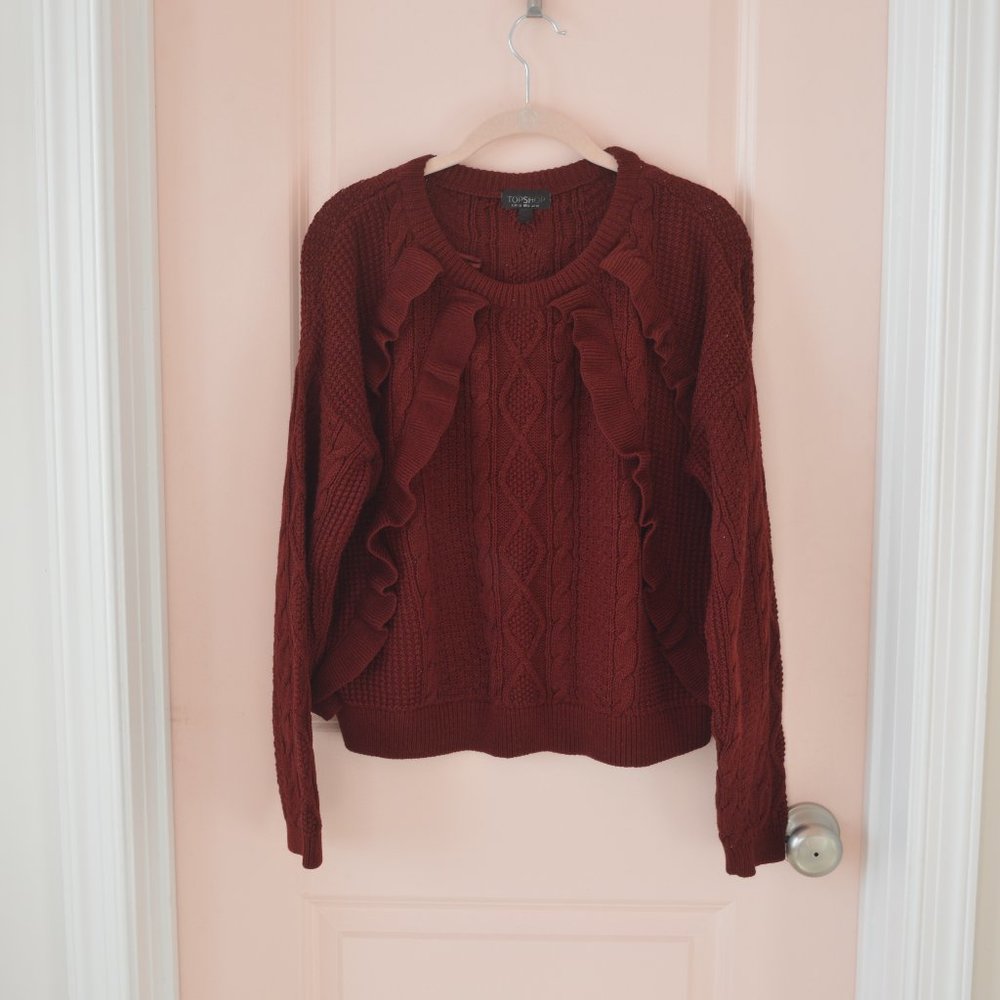 EUC Topshop Maroon Ruffle Cable Knit Sweater